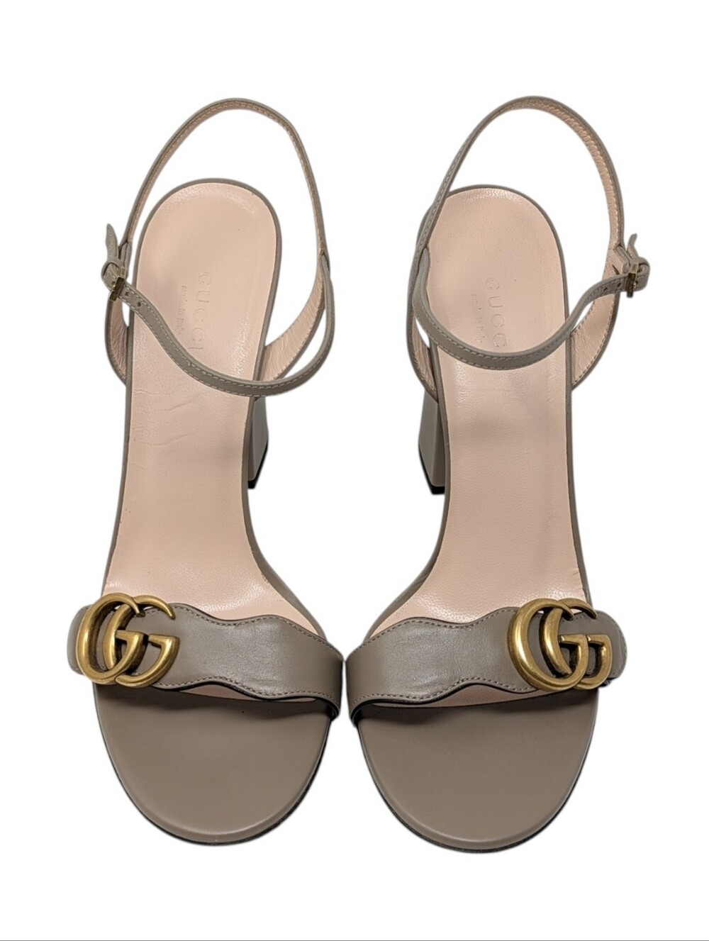 Gucci Marmont Taupe Scalloped Block Heeled Dress Up Sandal Size EU 39